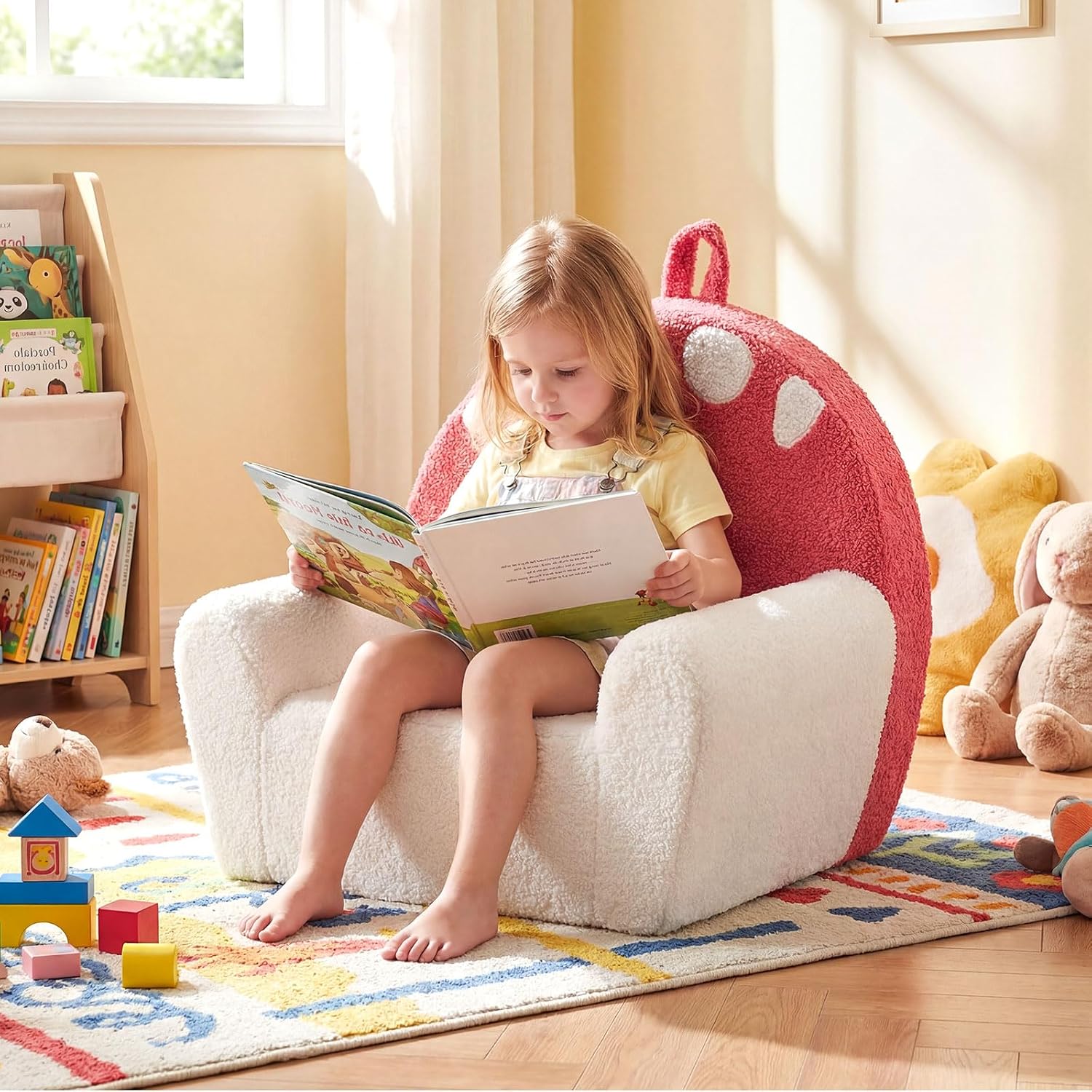 Costzon Kids Couch, Comfy Toddler Soft Sofa Chair with Fleece Fabric Cover, Kids Furniture for Playroom, Children Reading Armchair for Boys & Girls Gifts Aged 3+ (Medial,Red Mushroom) - Image 9
