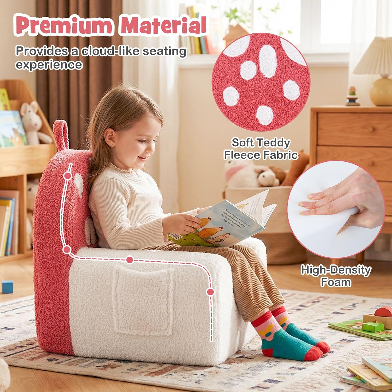 Costzon Kids Couch, Comfy Toddler Soft Sofa Chair with Fleece Fabric Cover, Kids Furniture for Playroom, Children Reading Armchair for Boys & Girls Gifts Aged 3+ (Medial,Red Mushroom) - Image 6