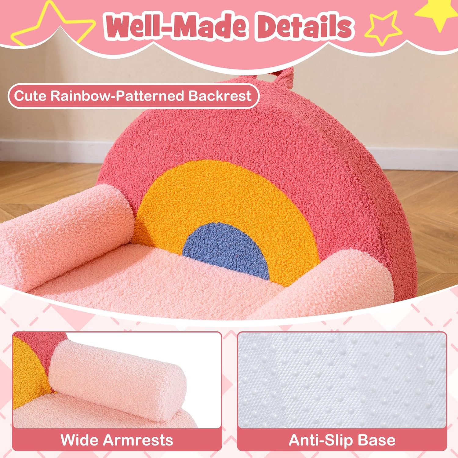 Costzon Kids Couch, Comfy Toddler Soft Sofa Chair with Fleece Fabric Cover, Kids Furniture for Playroom, Children Reading Armchair for Boys & Girls Gifts Aged 3+ (Medial,Rainbow Arc) - Image 2