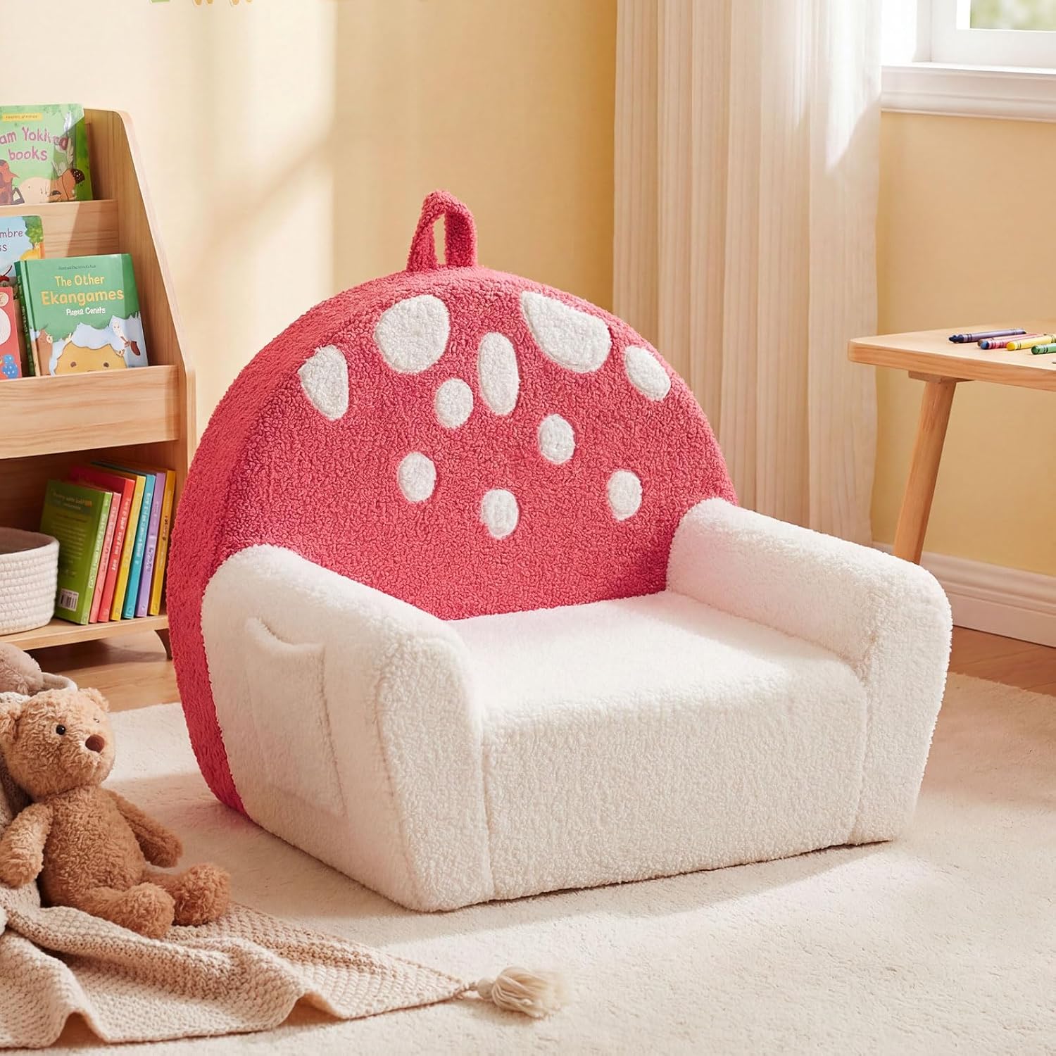 Costzon Kids Couch, Comfy Toddler Soft Sofa Chair with Fleece Fabric Cover, Kids Furniture for Playroom, Children Reading Armchair for Boys & Girls Gifts Aged 3+ (Medial,Red Mushroom) - Image 2