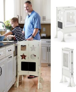 Guidecraft Classic Kitchen Helper® Stool - Ivory- Foldable Toddler Tower with Adjustable Height Platform - Premium Learning Montessori Collapsible Step Stool for Kids - 1