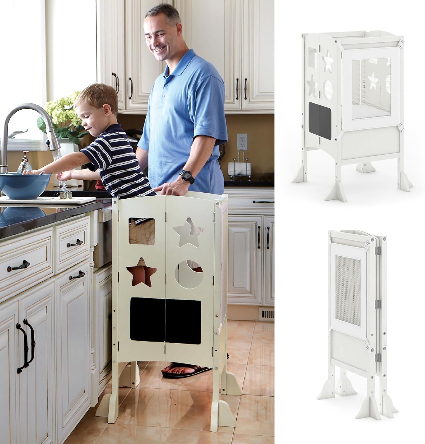 Guidecraft Classic Kitchen Helper® Stool - Ivory- Foldable Toddler Tower with Adjustable Height Platform - Premium Learning Montessori Collapsible Step Stool for Kids - 1
