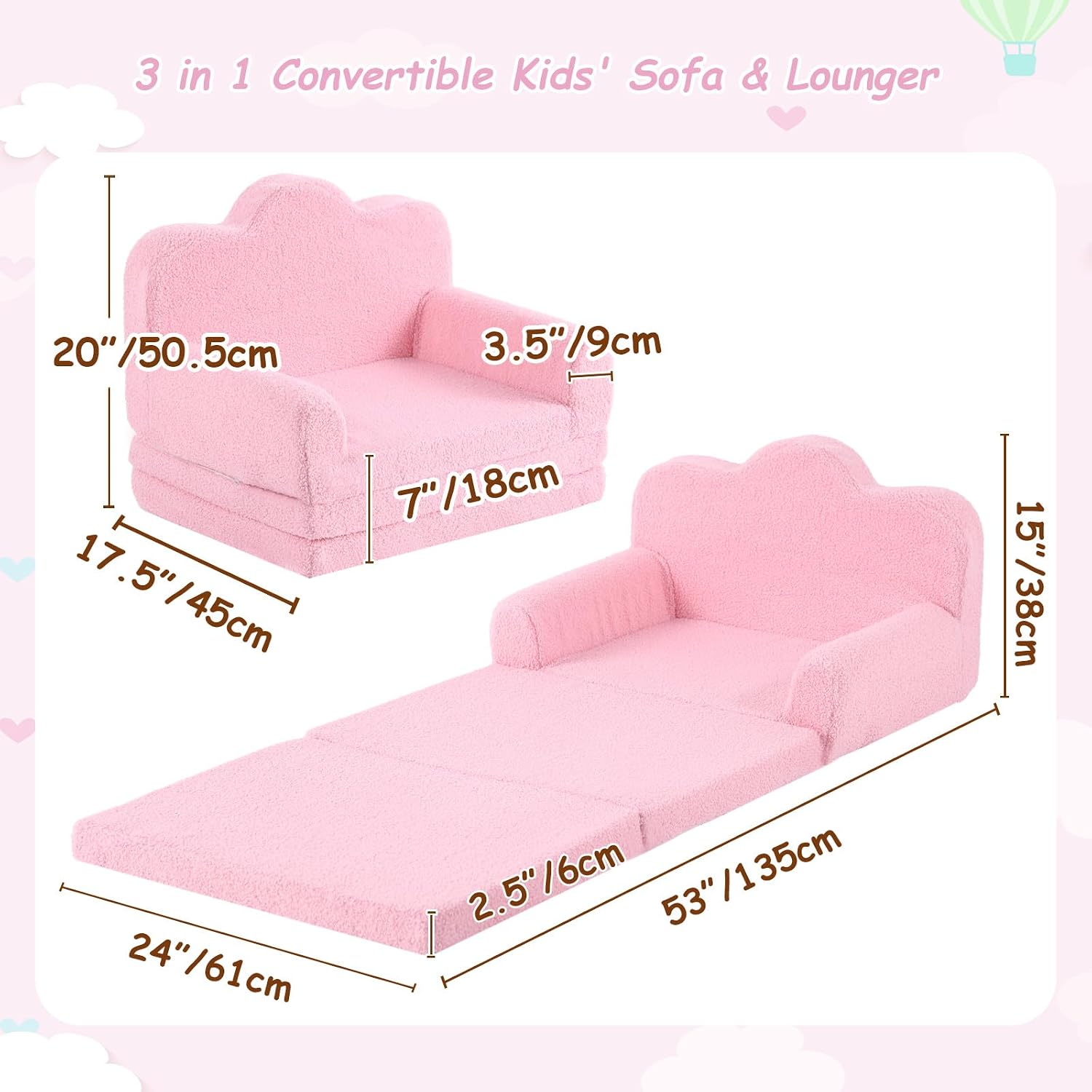 Tiita Kids Sofa, 2-in-1 Soft Toddler Couch Fold Out, Cloud-Like Comfy Couch Toddler Reading Chair with Carrying Handle Washable Cover, Kids Furniture for Boys and Girls - Image 7