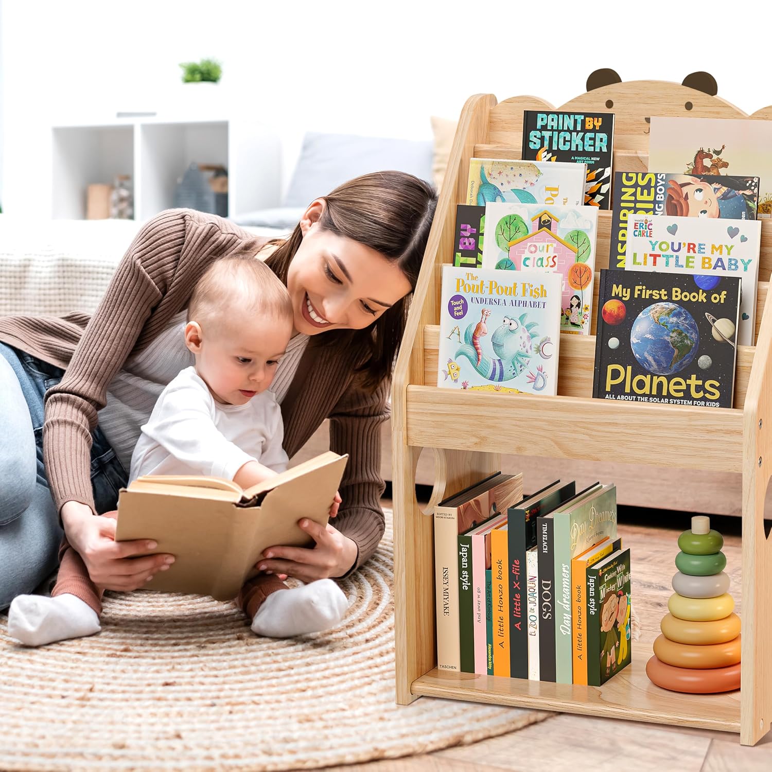 Woodtoe 5 Tier Montessori Bookshelf with Toy Storage, Large Toddler Bookshelf with Chalkboard, Baby Bookcase Book Display Shelve for Kids Bedroom, Nursery, Classroom, Kids Furniture for Boys Girls 1+ - Image 4