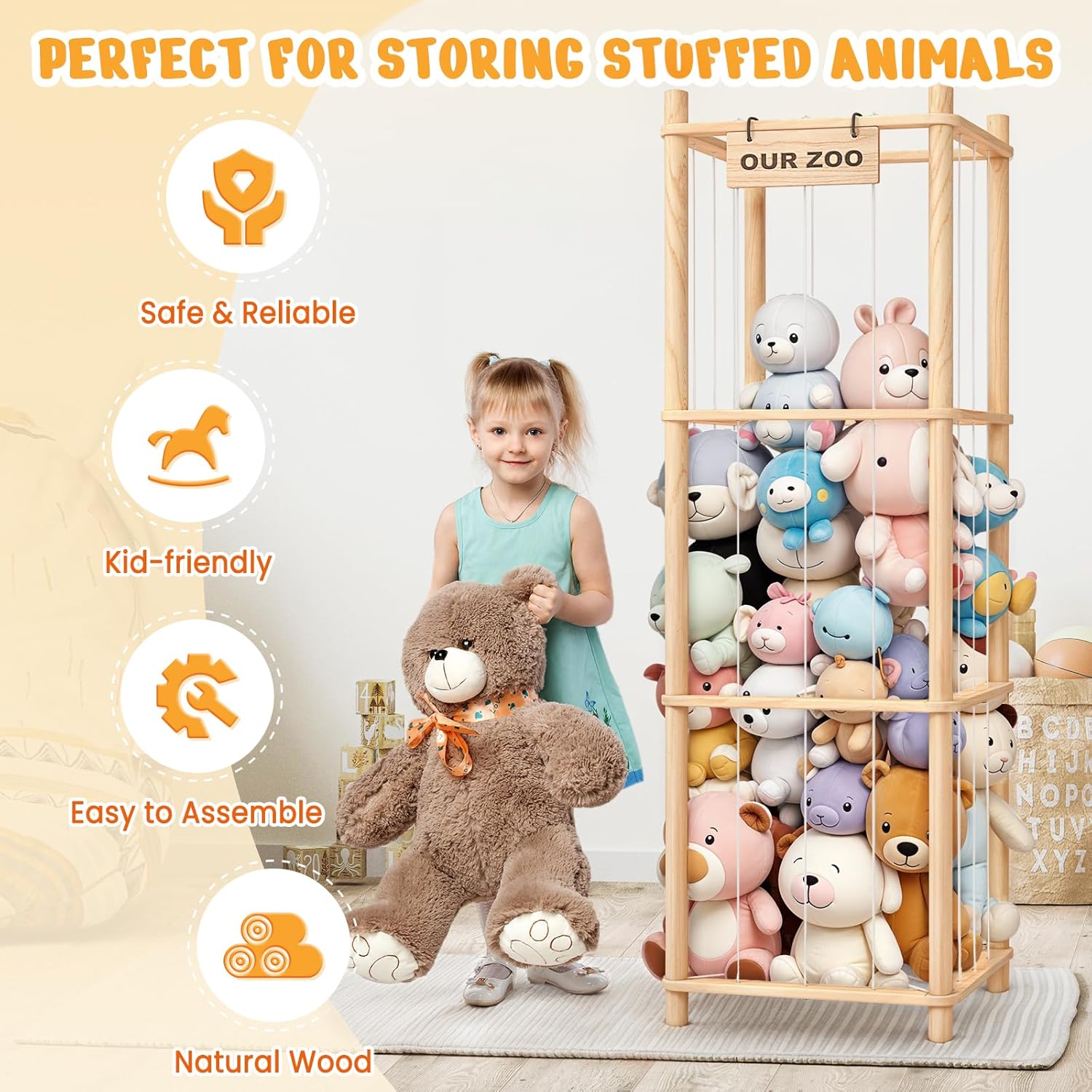 Woodure Stuffed Animal Storage & Organizer, Wooden Cute Zoo Toy Holder for Toddler Rooms, Playrooms & Bedrooms - Image 6