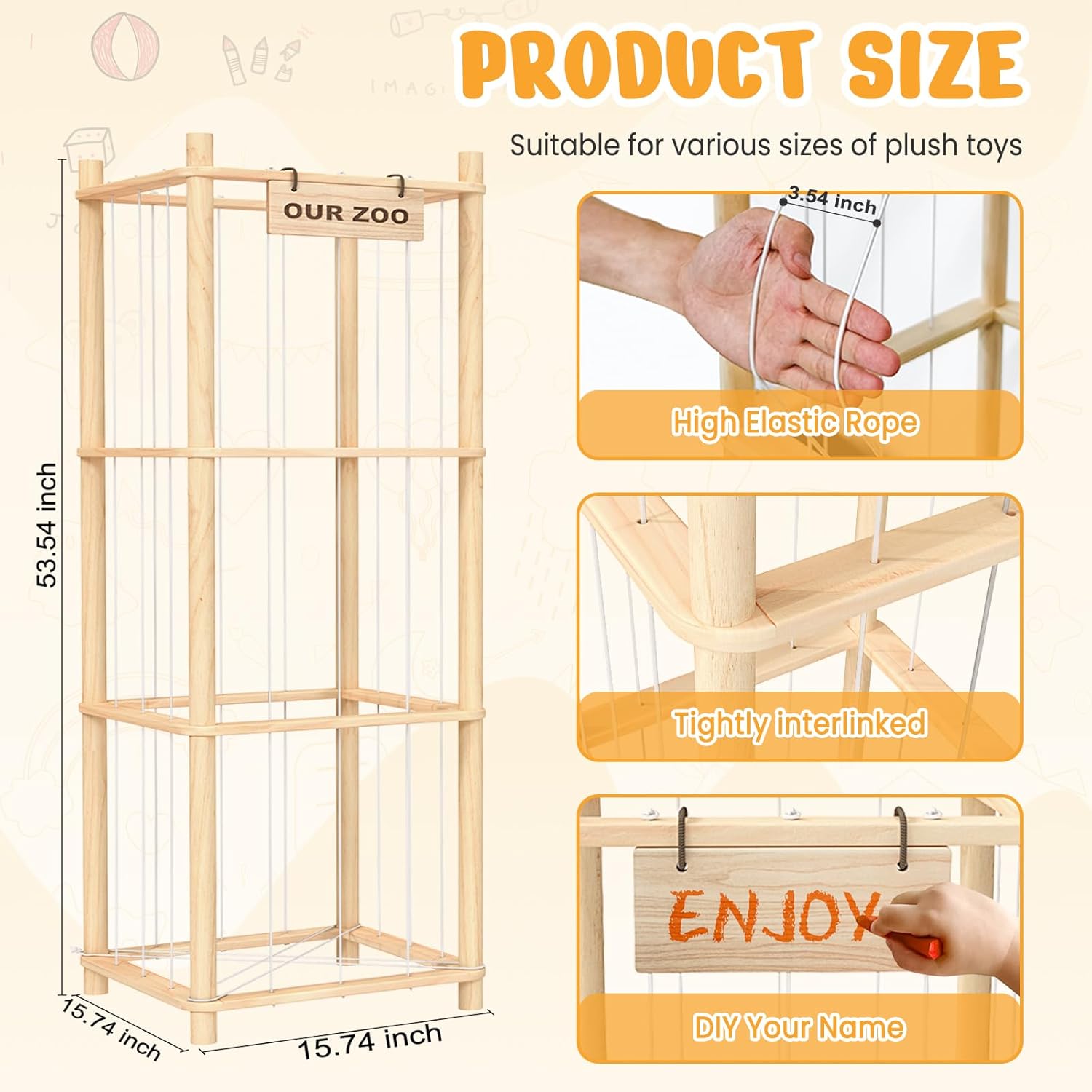 Woodure Stuffed Animal Storage & Organizer, Wooden Cute Zoo Toy Holder for Toddler Rooms, Playrooms & Bedrooms - Image 4