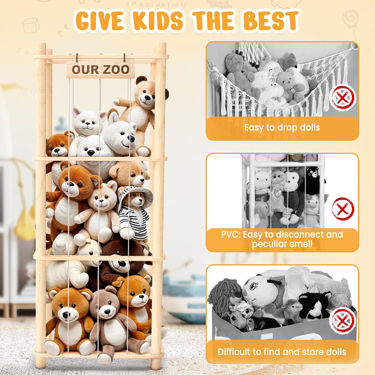 Woodure Stuffed Animal Storage & Organizer, Wooden Cute Zoo Toy Holder for Toddler Rooms, Playrooms & Bedrooms - Image 5