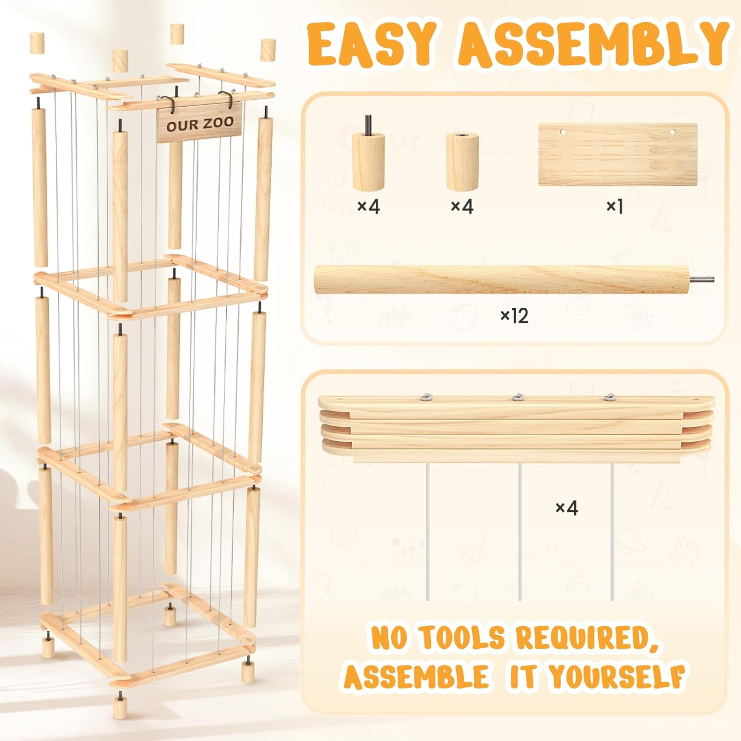 Woodure Stuffed Animal Storage & Organizer, Wooden Cute Zoo Toy Holder for Toddler Rooms, Playrooms & Bedrooms - Image 2
